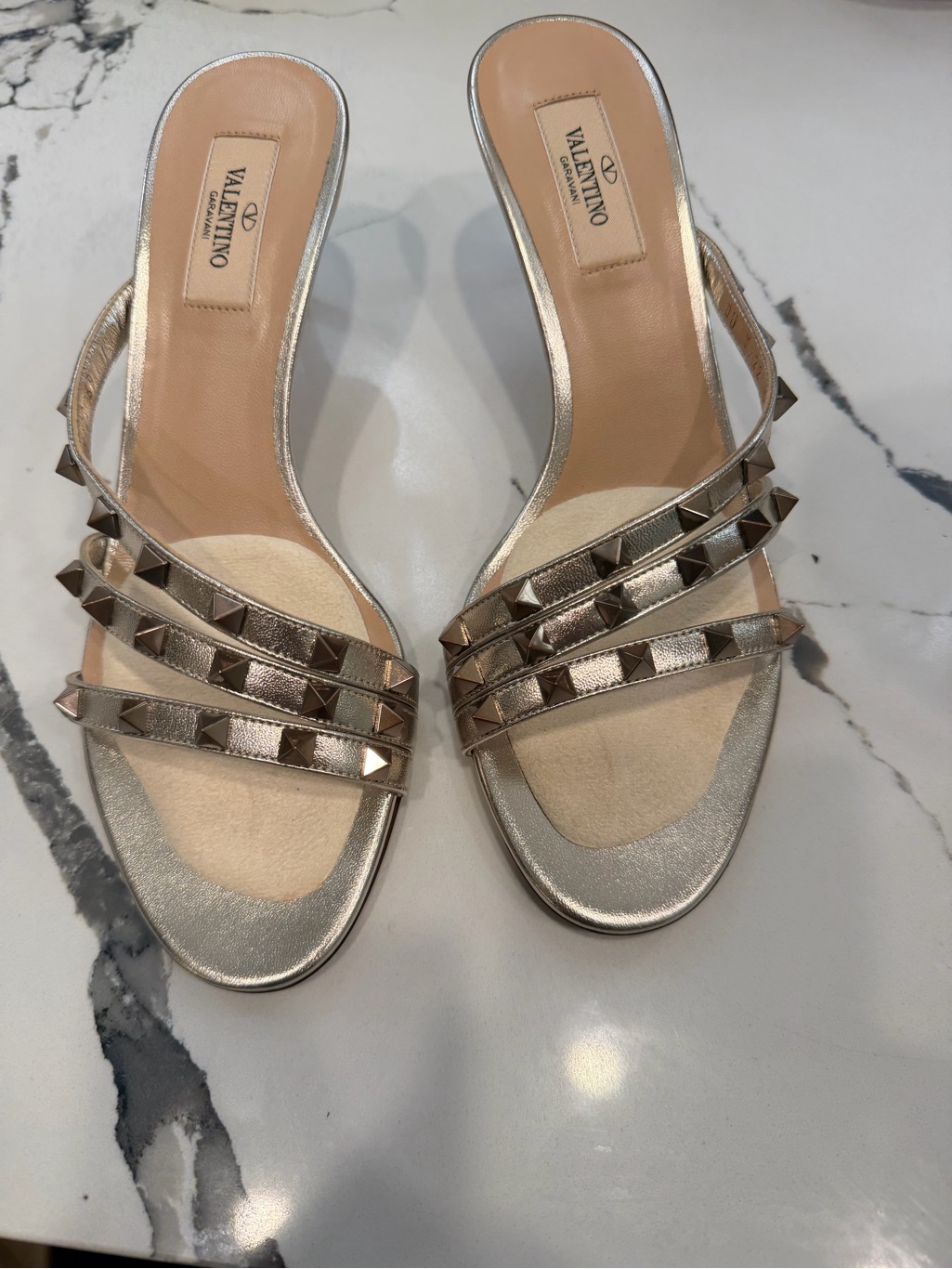 Valentino Garavani Metallic Silver Rockstud TripleStrap Mules Sz 39